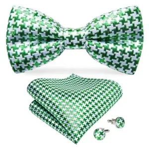 Green & White Geometric Matching Bowtie Set (3pc)