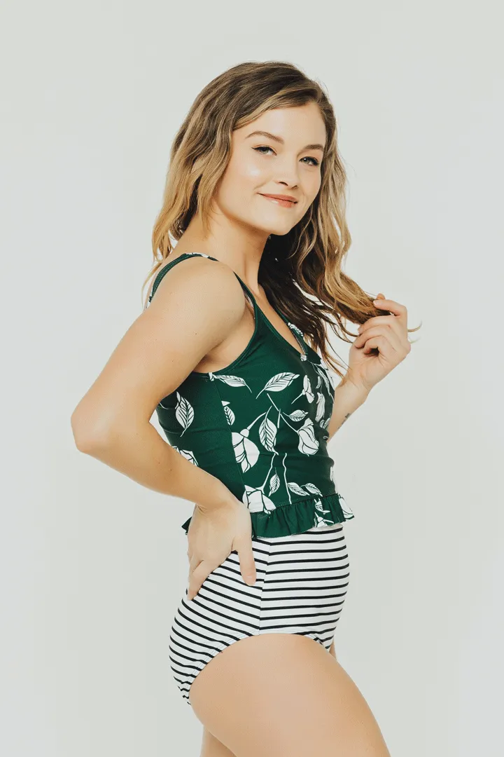 Green Floral Little Ruffle Top