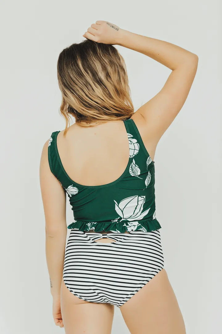 Green Floral Little Ruffle Top