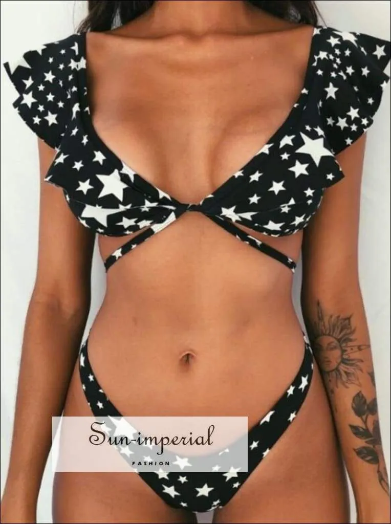Green Floral Print Vintage Boho Bikini Set With Ruffle Detail