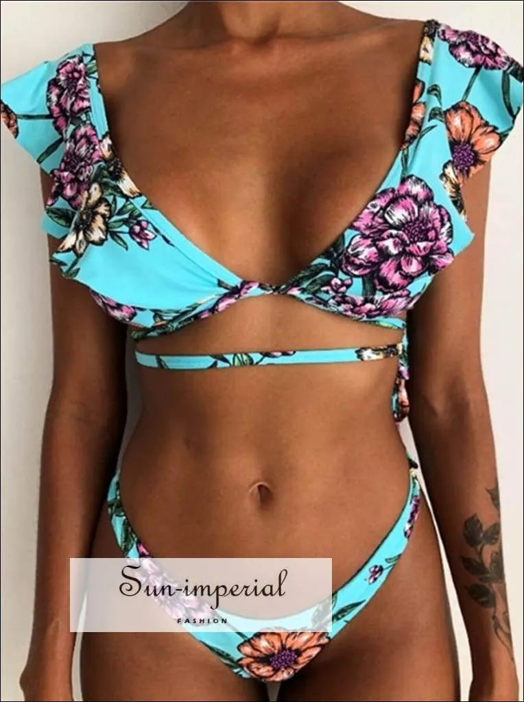 Green Floral Print Vintage Boho Bikini Set With Ruffle Detail