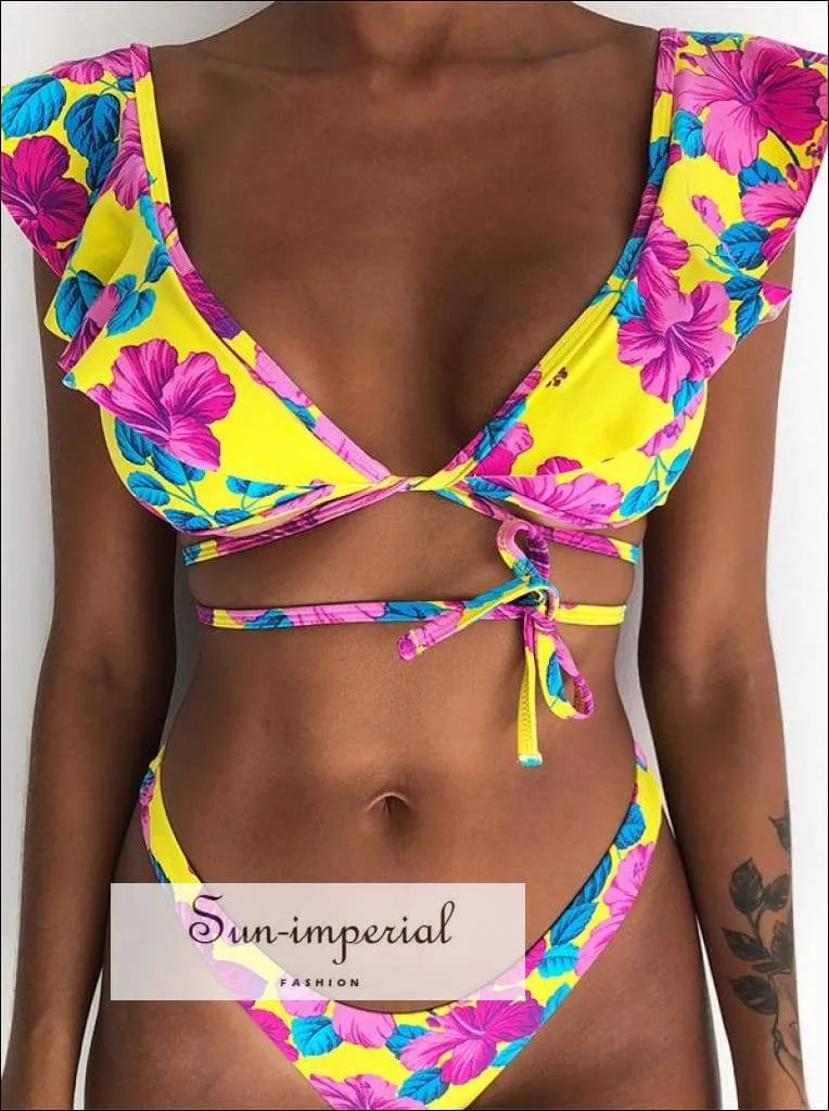 Green Floral Print Vintage Boho Bikini Set With Ruffle Detail
