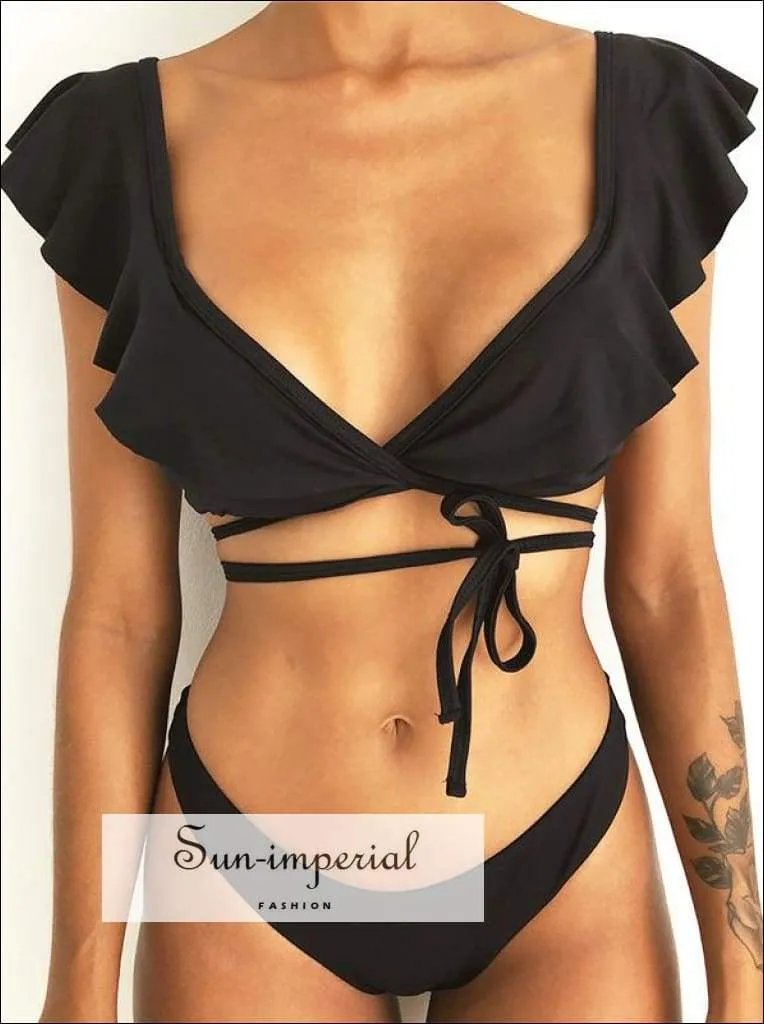Green Floral Print Vintage Boho Bikini Set With Ruffle Detail