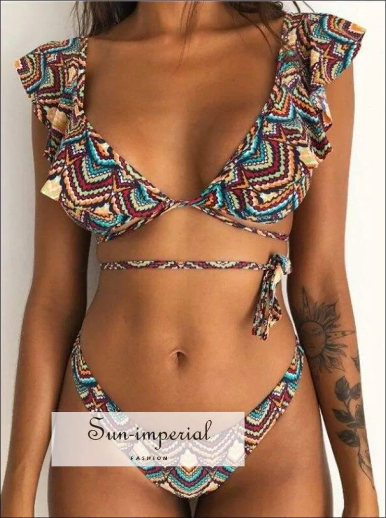 Green Floral Print Vintage Boho Bikini Set With Ruffle Detail