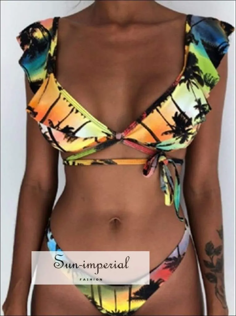 Green Floral Print Vintage Boho Bikini Set With Ruffle Detail