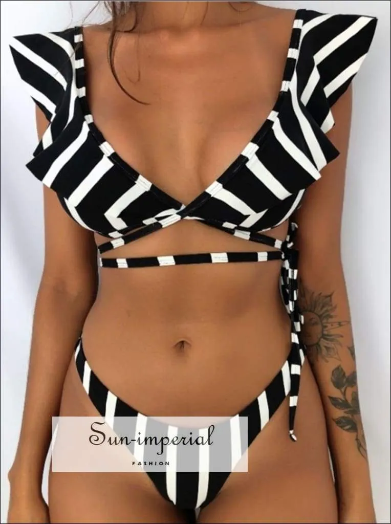 Green Floral Print Vintage Boho Bikini Set With Ruffle Detail