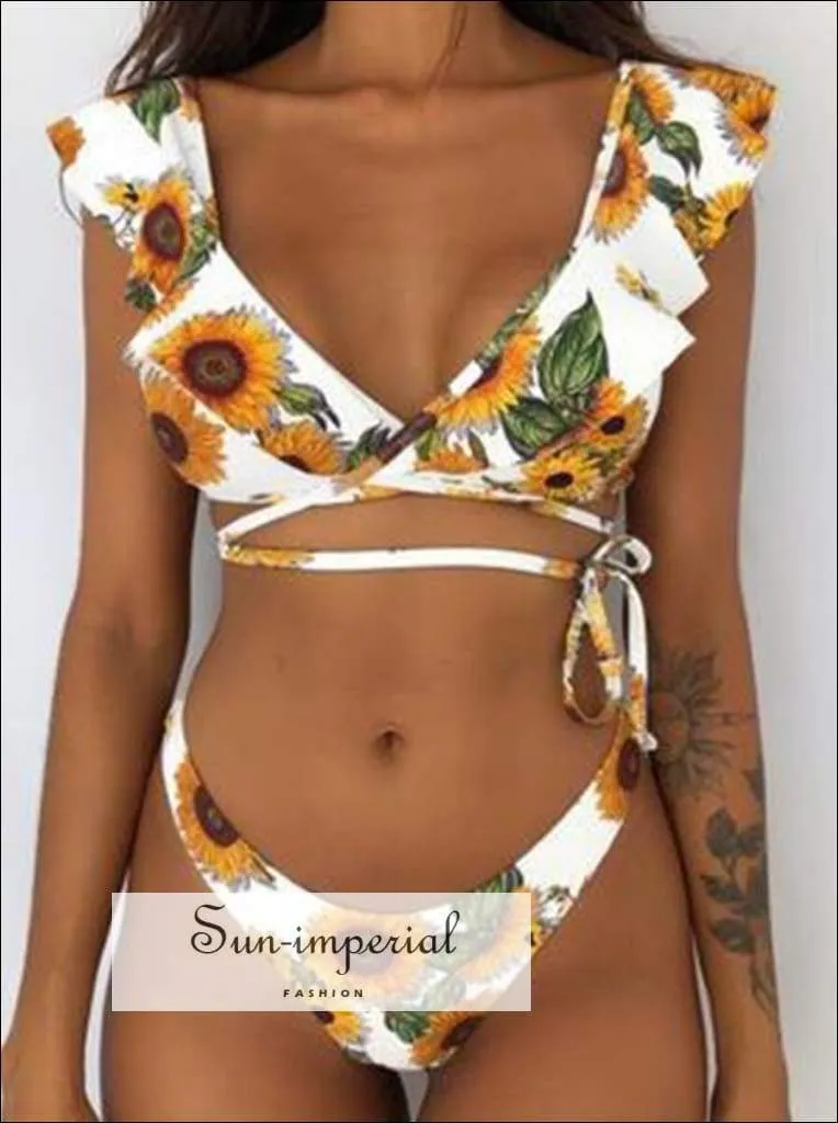 Green Floral Print Vintage Boho Bikini Set With Ruffle Detail