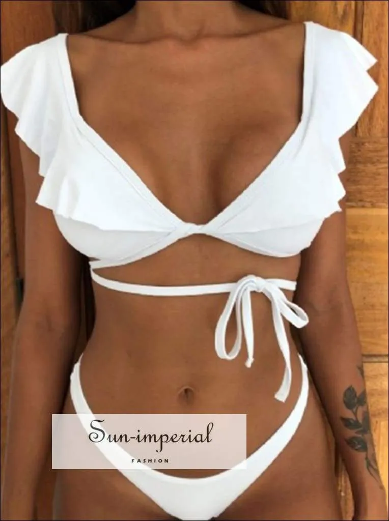 Green Floral Print Vintage Boho Bikini Set With Ruffle Detail