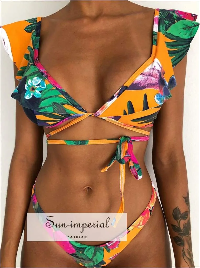 Green Floral Print Vintage Boho Bikini Set With Ruffle Detail
