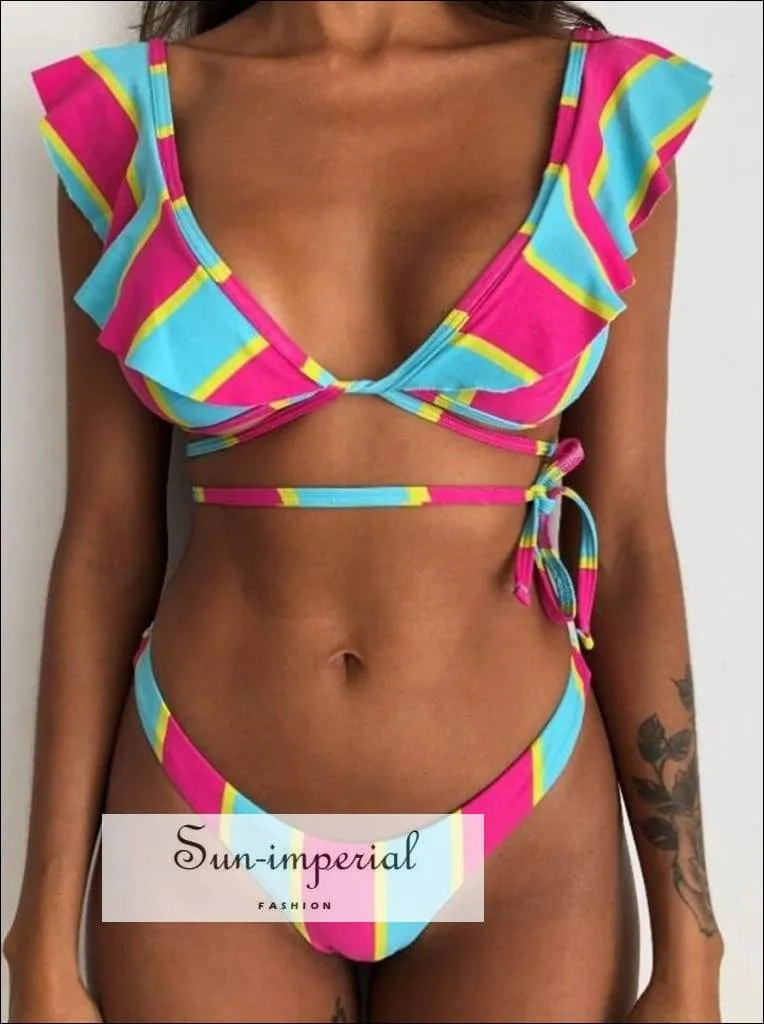Green Floral Print Vintage Boho Bikini Set With Ruffle Detail