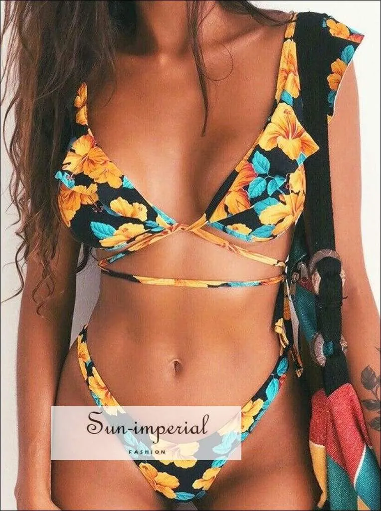Green Floral Print Vintage Boho Bikini Set With Ruffle Detail