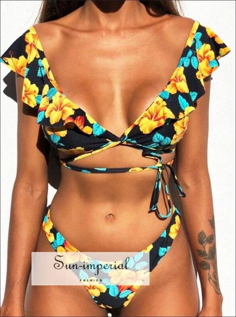 Green Floral Print Vintage Boho Bikini Set With Ruffle Detail