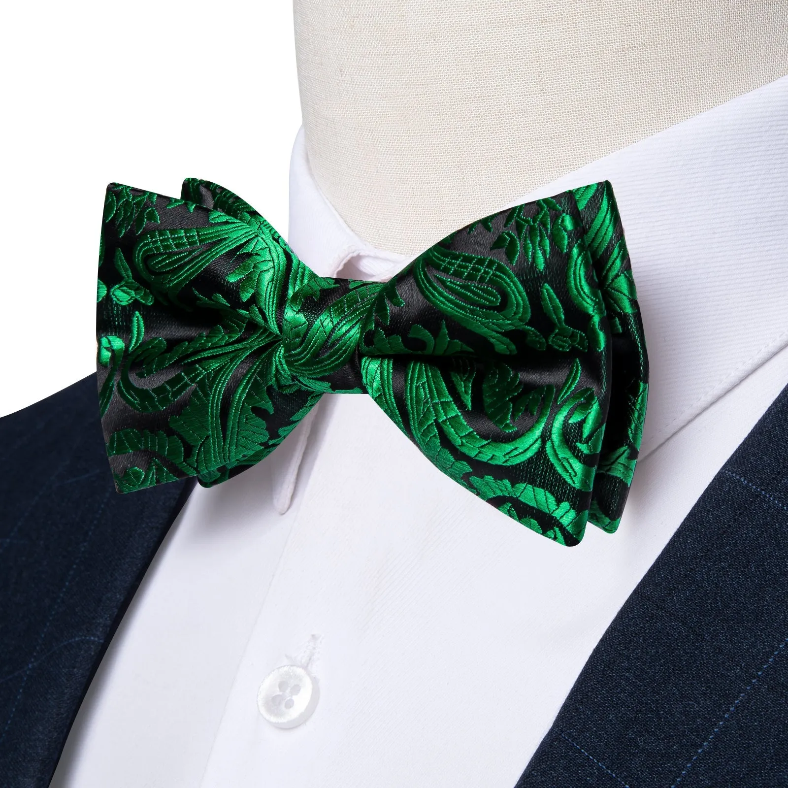 Green Floral Silk Pre-tied Bow Tie Hanky Cufflinks Set