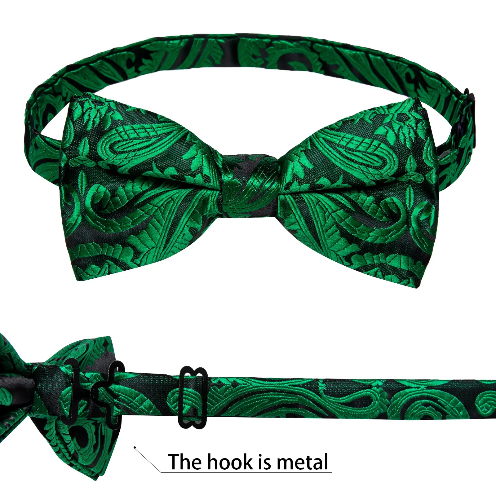 Green Floral Silk Pre-tied Bow Tie Hanky Cufflinks Set
