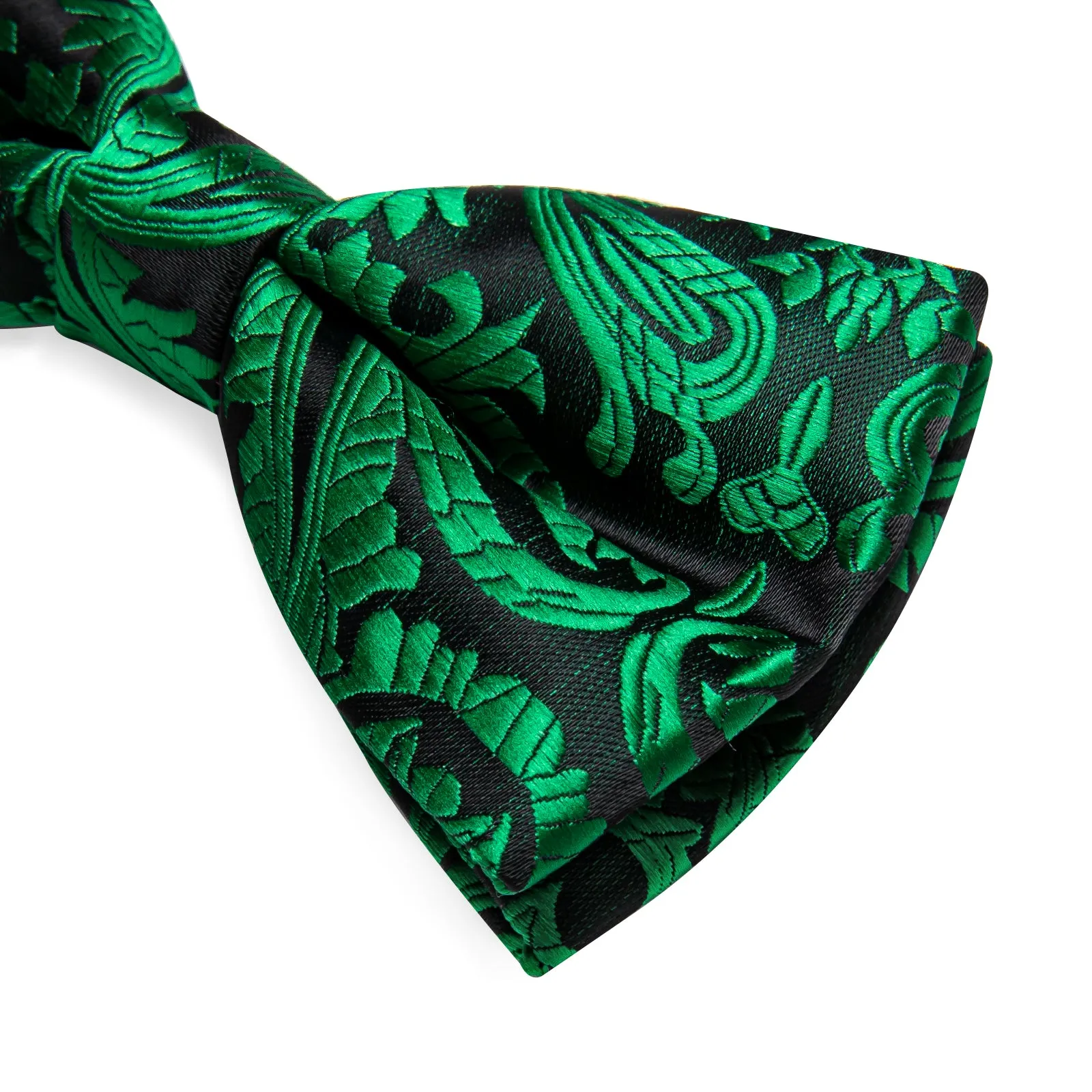 Green Floral Silk Pre-tied Bow Tie Hanky Cufflinks Set