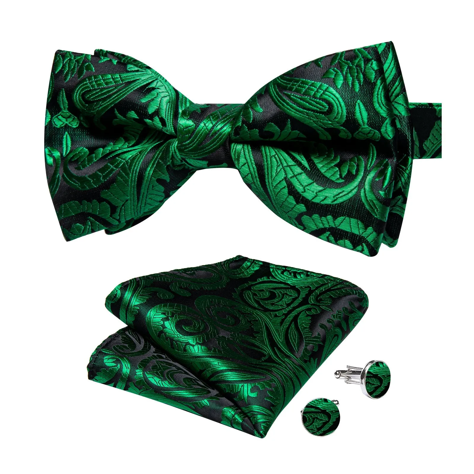 Green Floral Silk Pre-tied Bow Tie Hanky Cufflinks Set
