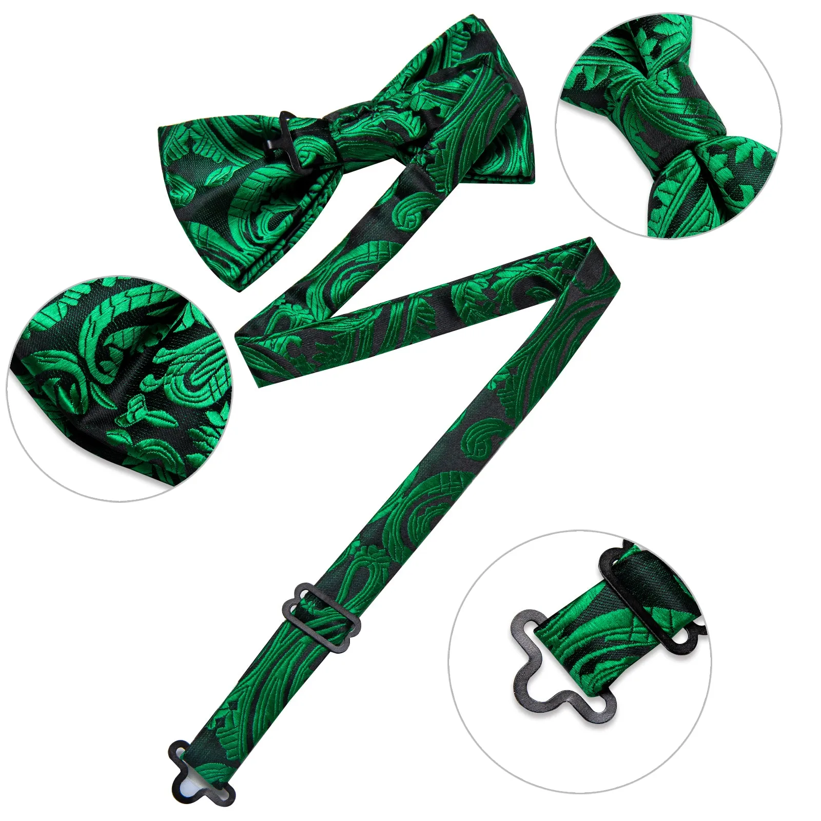 Green Floral Silk Pre-tied Bow Tie Hanky Cufflinks Set