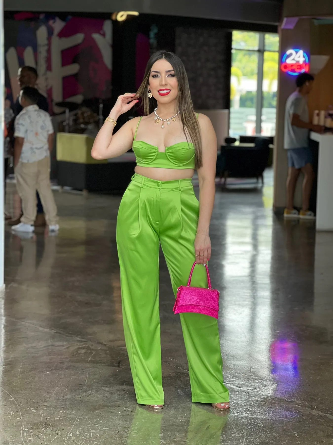 Green Satin Top & Pant Set