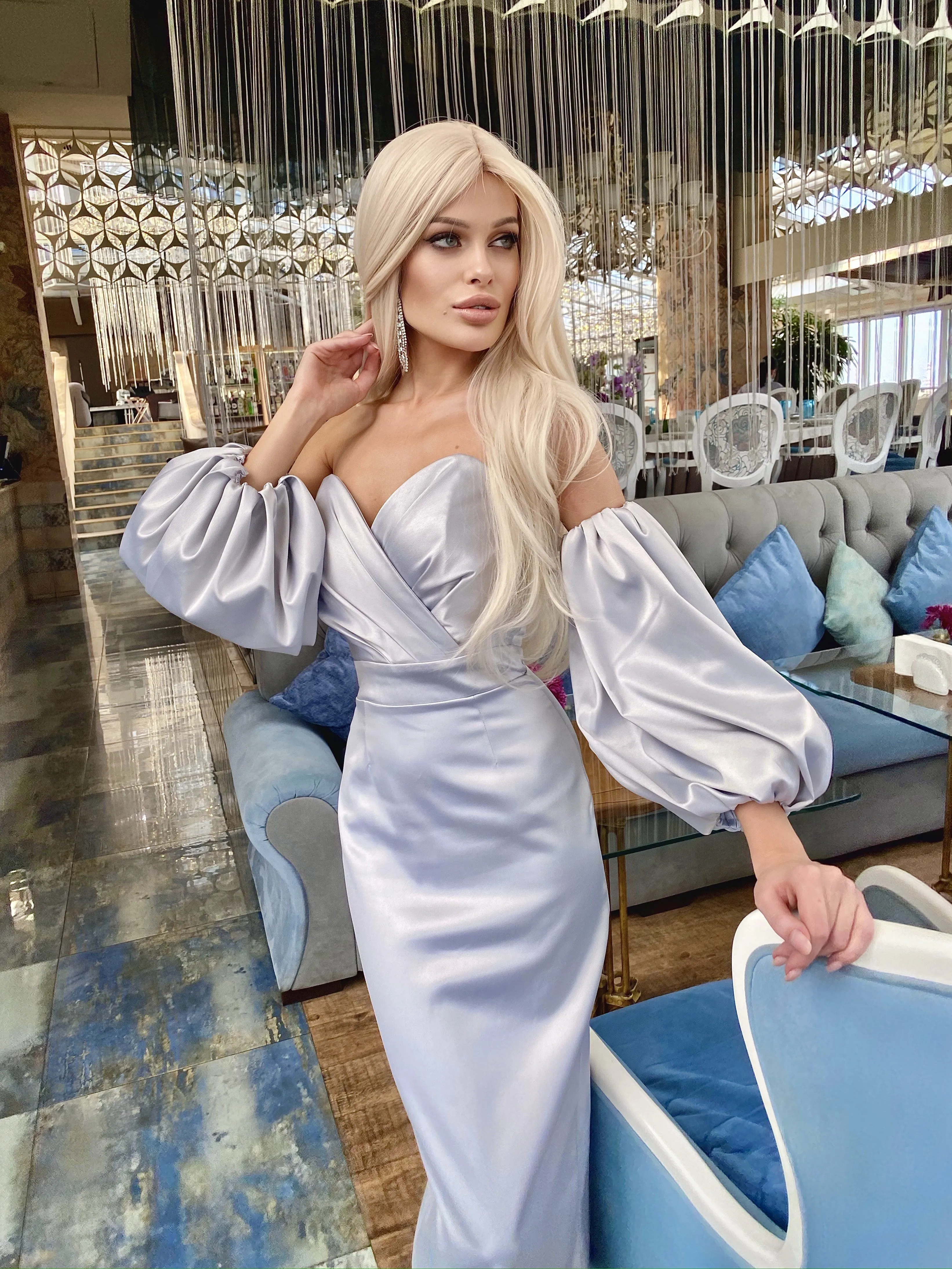 Grey Puffed Sleeve Midi Prom Dress