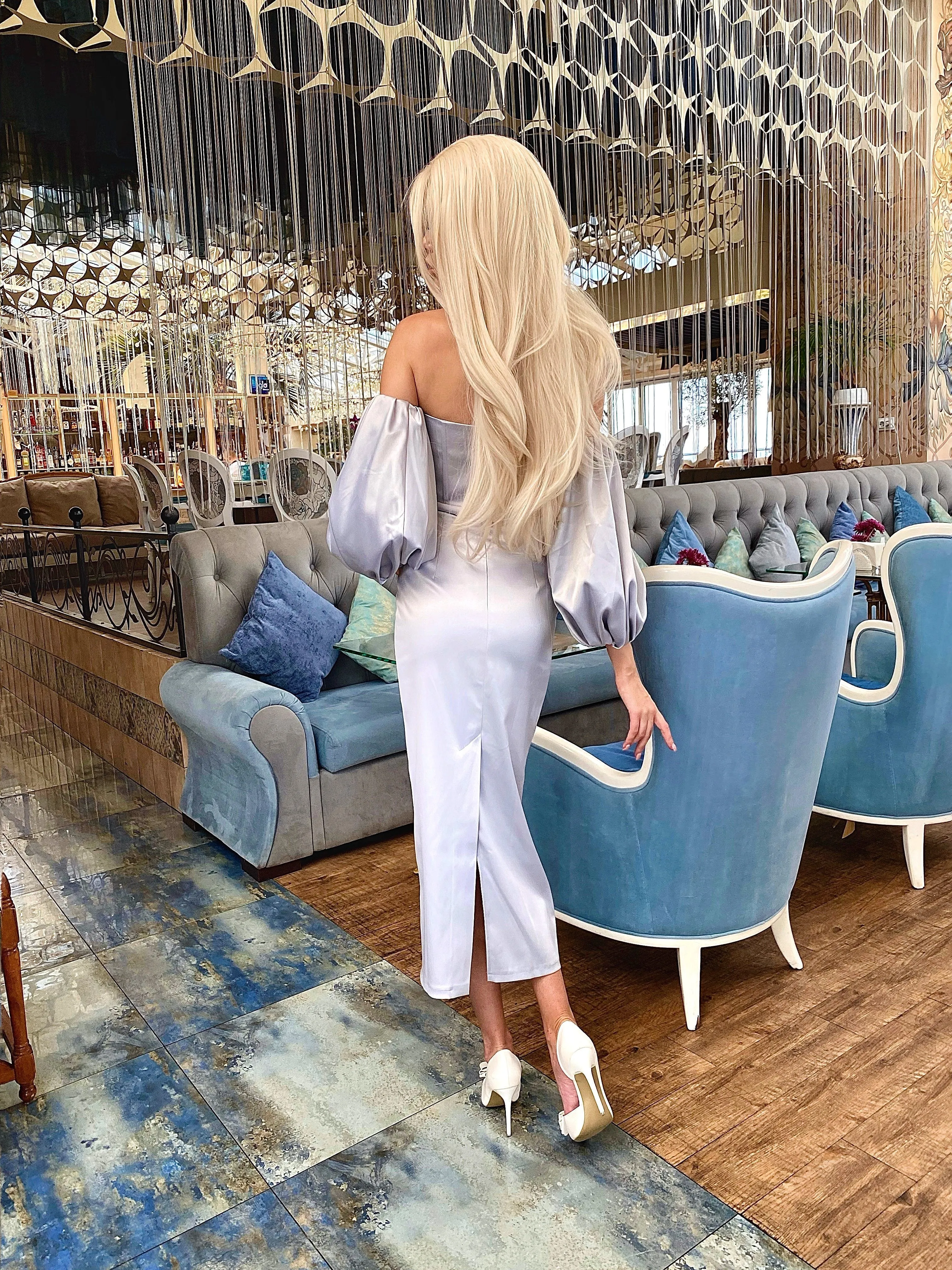 Grey Puffed Sleeve Midi Prom Dress