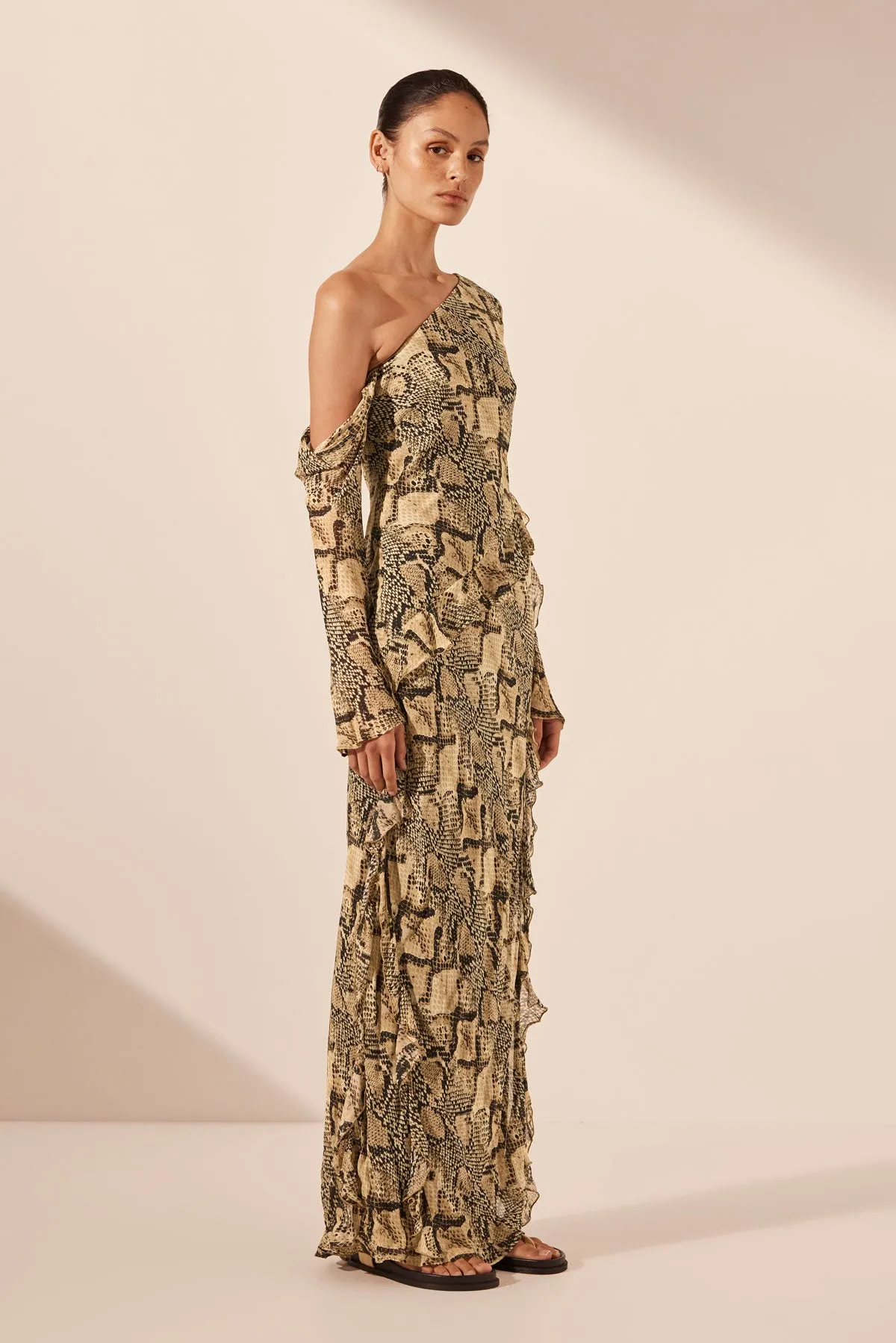 HADIYA ASYMMETRICAL LONG SLEEVE RUFFLE MAXI DRESS