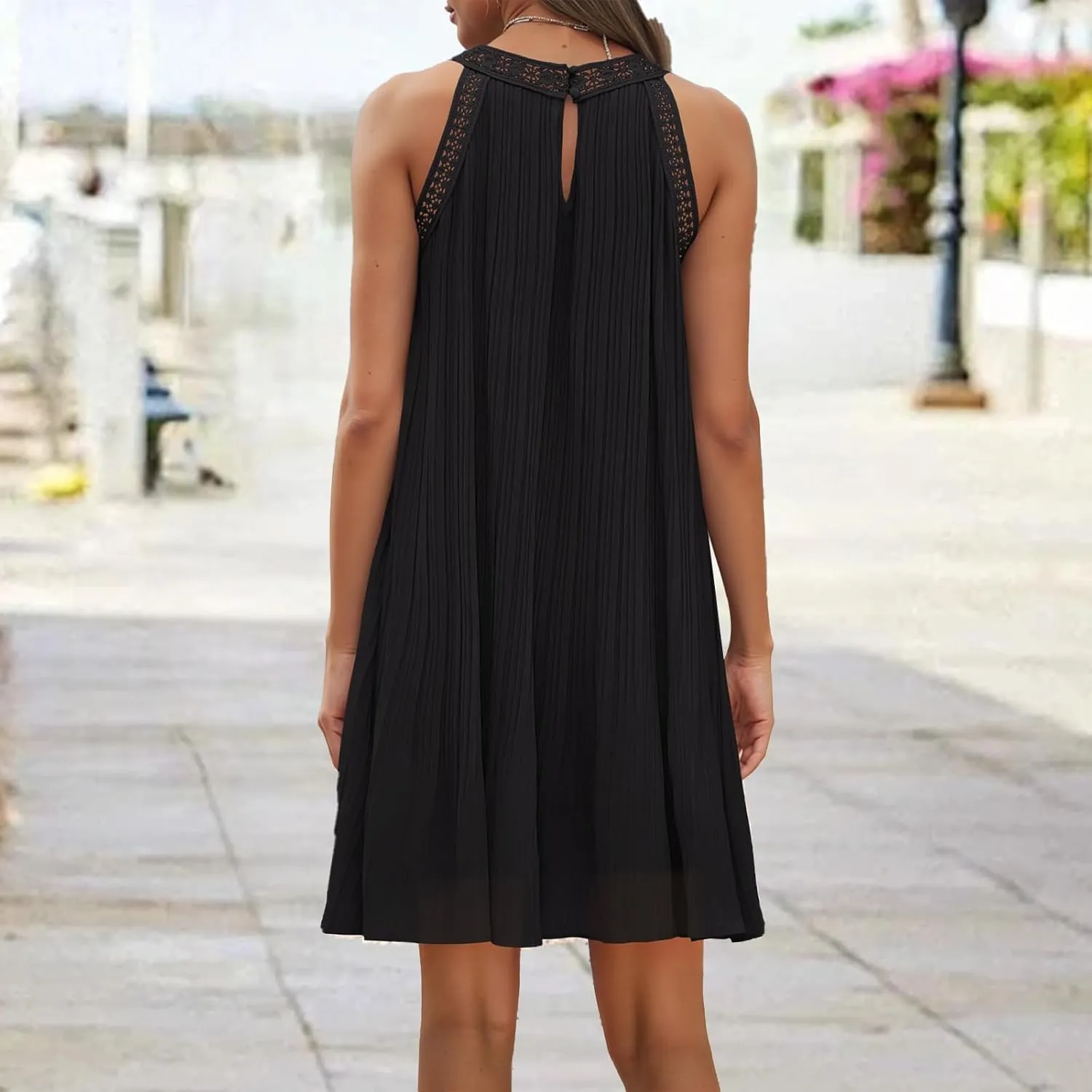 Halter Neck Dresses for Women 2025 Summer Chiffon Mini Dresses Hollow Out A Line Flowy Beach Vacation Sundress