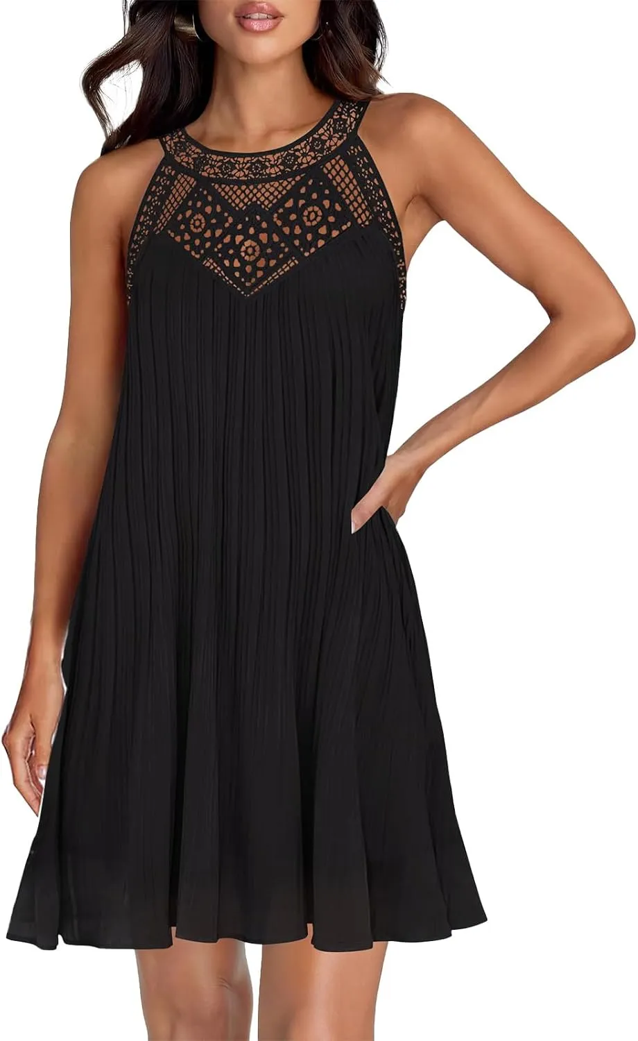 Halter Neck Dresses for Women 2025 Summer Chiffon Mini Dresses Hollow Out A Line Flowy Beach Vacation Sundress