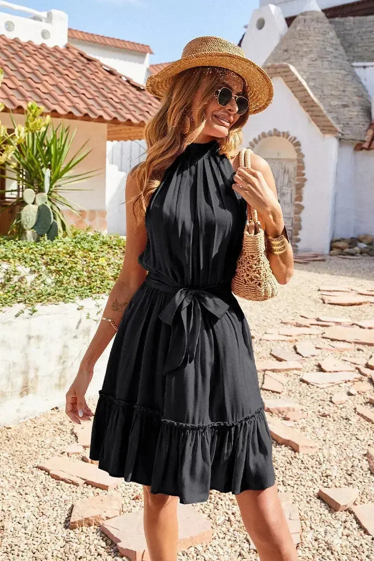 Halter Neck Summer Sleeveless Ruffle Belt Boho Short Mini Dress