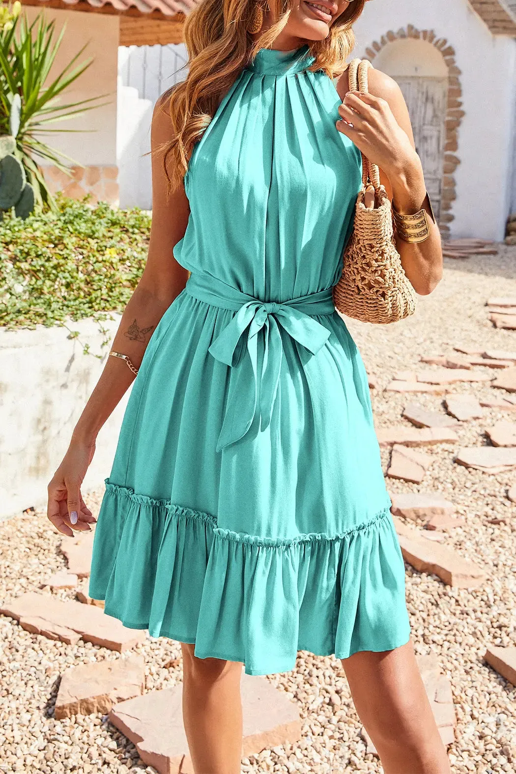 Halter Neck Summer Sleeveless Ruffle Belt Boho Short Mini Dress