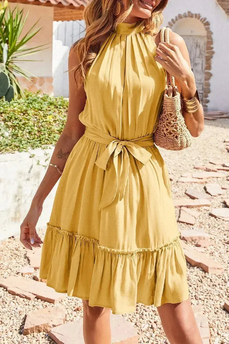 Halter Neck Summer Sleeveless Ruffle Belt Boho Short Mini Dress