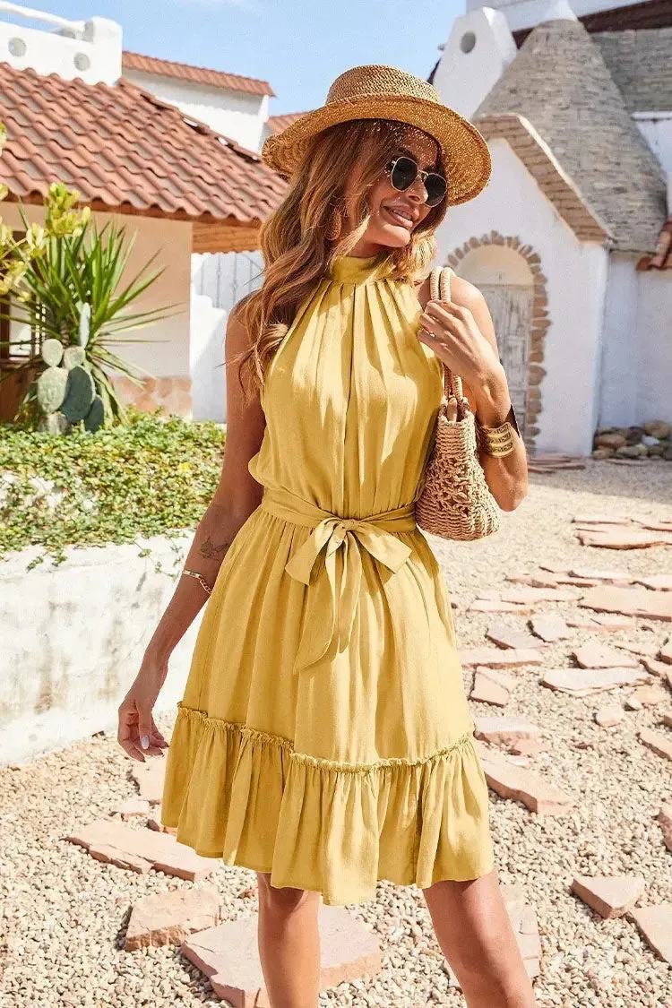 Halter Neck Summer Sleeveless Ruffle Belt Boho Short Mini Dress