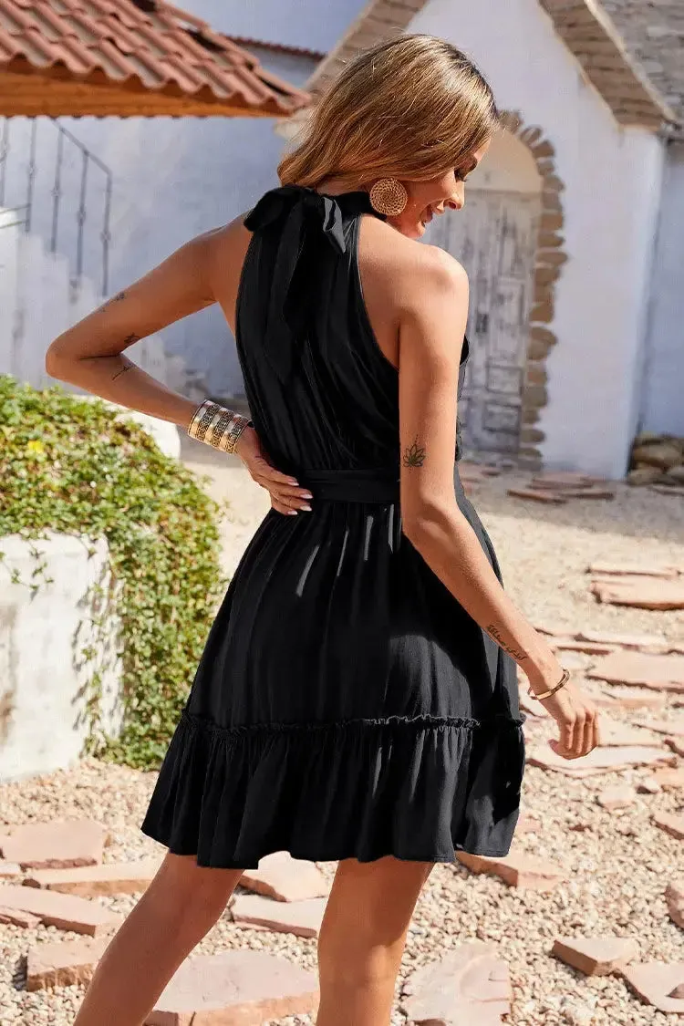 Halter Neck Summer Sleeveless Ruffle Belt Boho Short Mini Dress