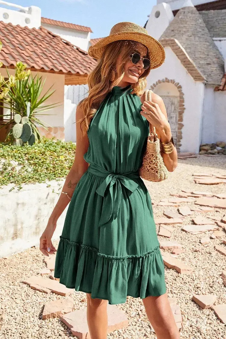 Halter Neck Summer Sleeveless Ruffle Belt Boho Short Mini Dress