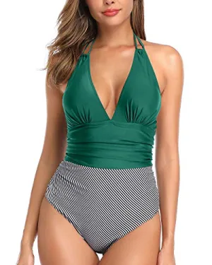 Halter One Piece Swimwear Women Plunge V Neck Tummy Control Bathing Suit-Emerald Green