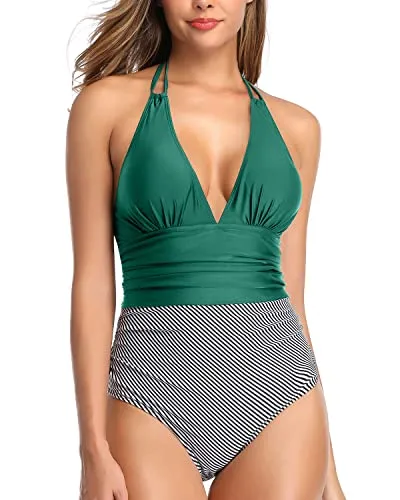 Halter One Piece Swimwear Women Plunge V Neck Tummy Control Bathing Suit-Emerald Green