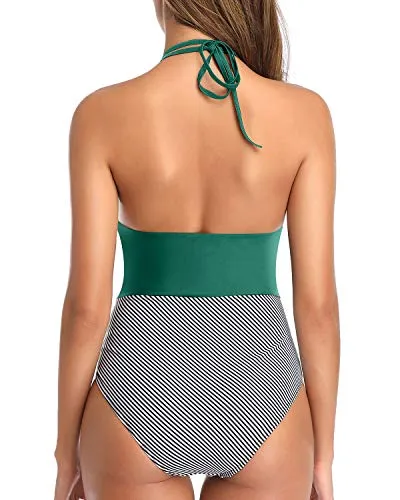 Halter One Piece Swimwear Women Plunge V Neck Tummy Control Bathing Suit-Emerald Green