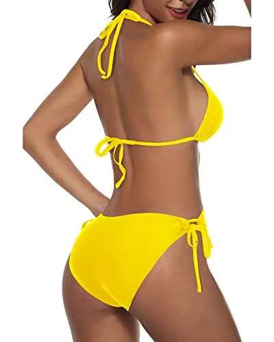 Halter Top Tie Side Bottom Women Two Piece Bikini-Neon Yellow