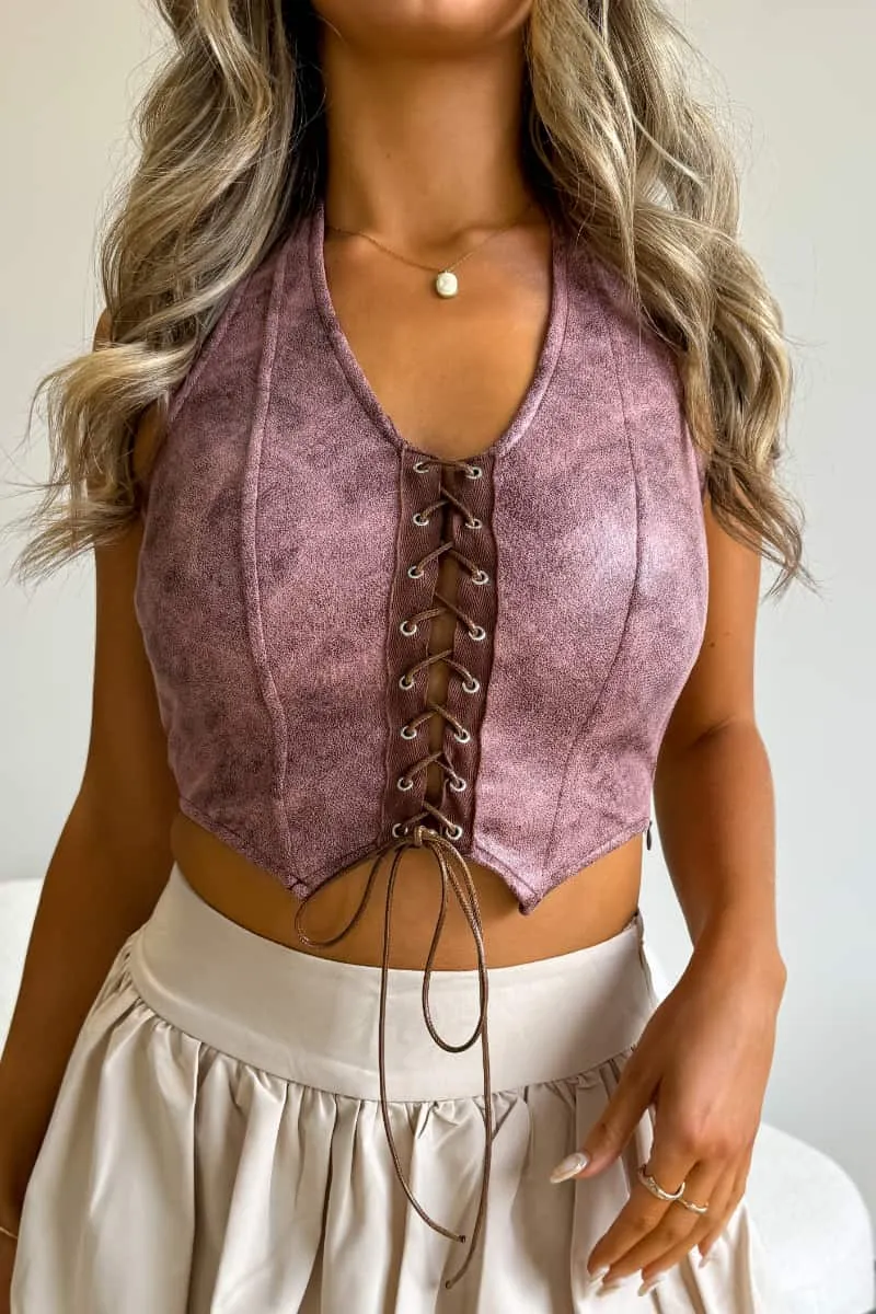 Halterneck Lace-Up Front Top - Rose