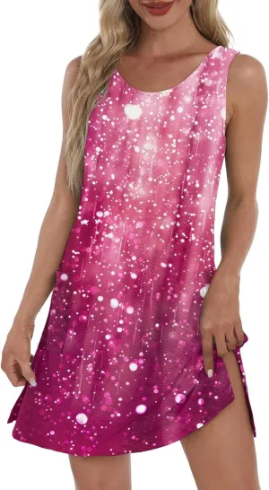 Hawaiian Dresses for Women Round Neck Aline Mini Dress Summer Sleeveless Floral Print Tropical Tank Dress
