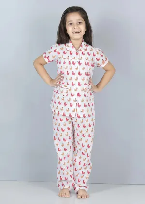 Hen Pink Half Sleeves Cotton Nighsuit Girl (1-12 Years)