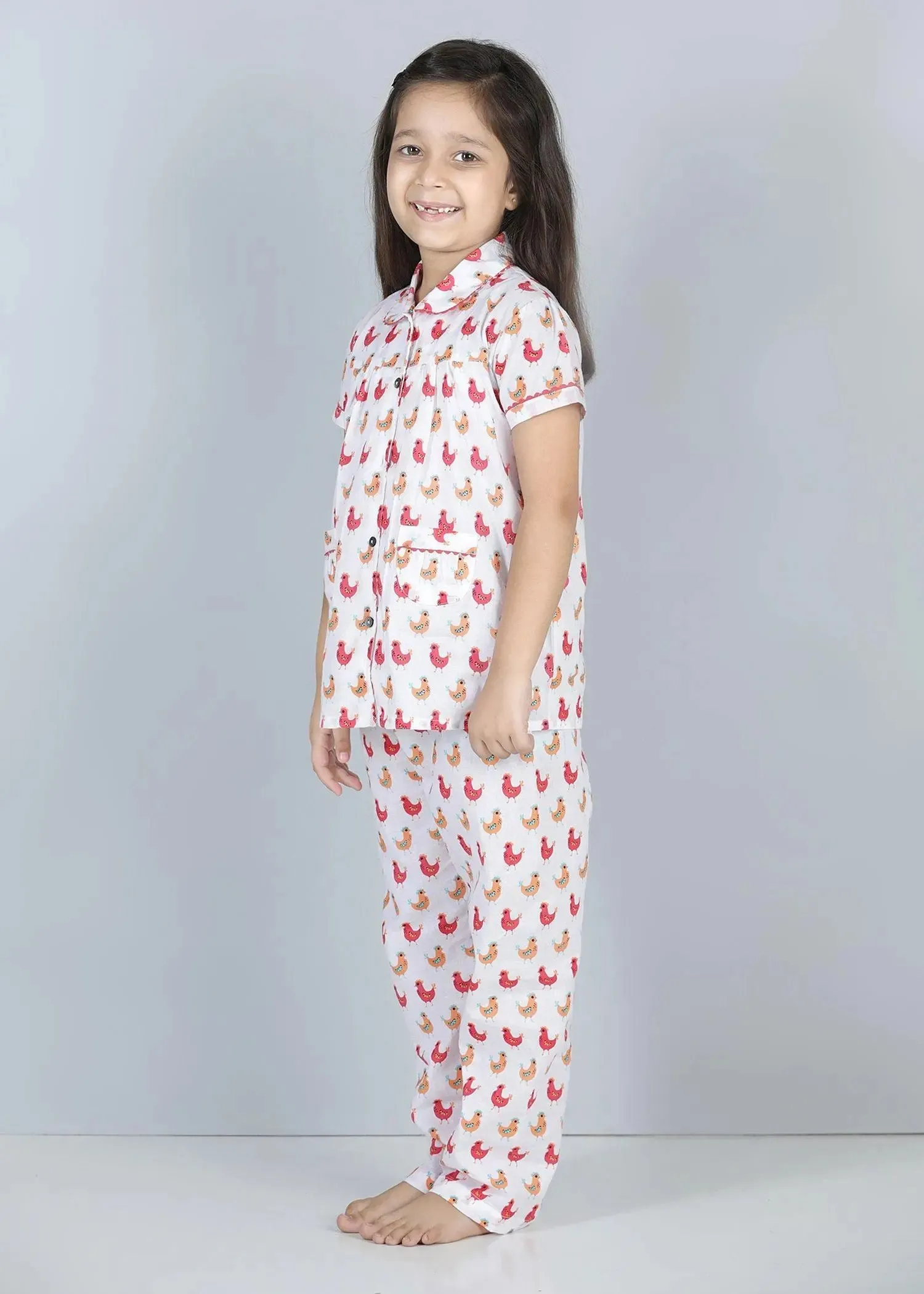 Hen Pink Half Sleeves Cotton Nighsuit Girl (1-12 Years)
