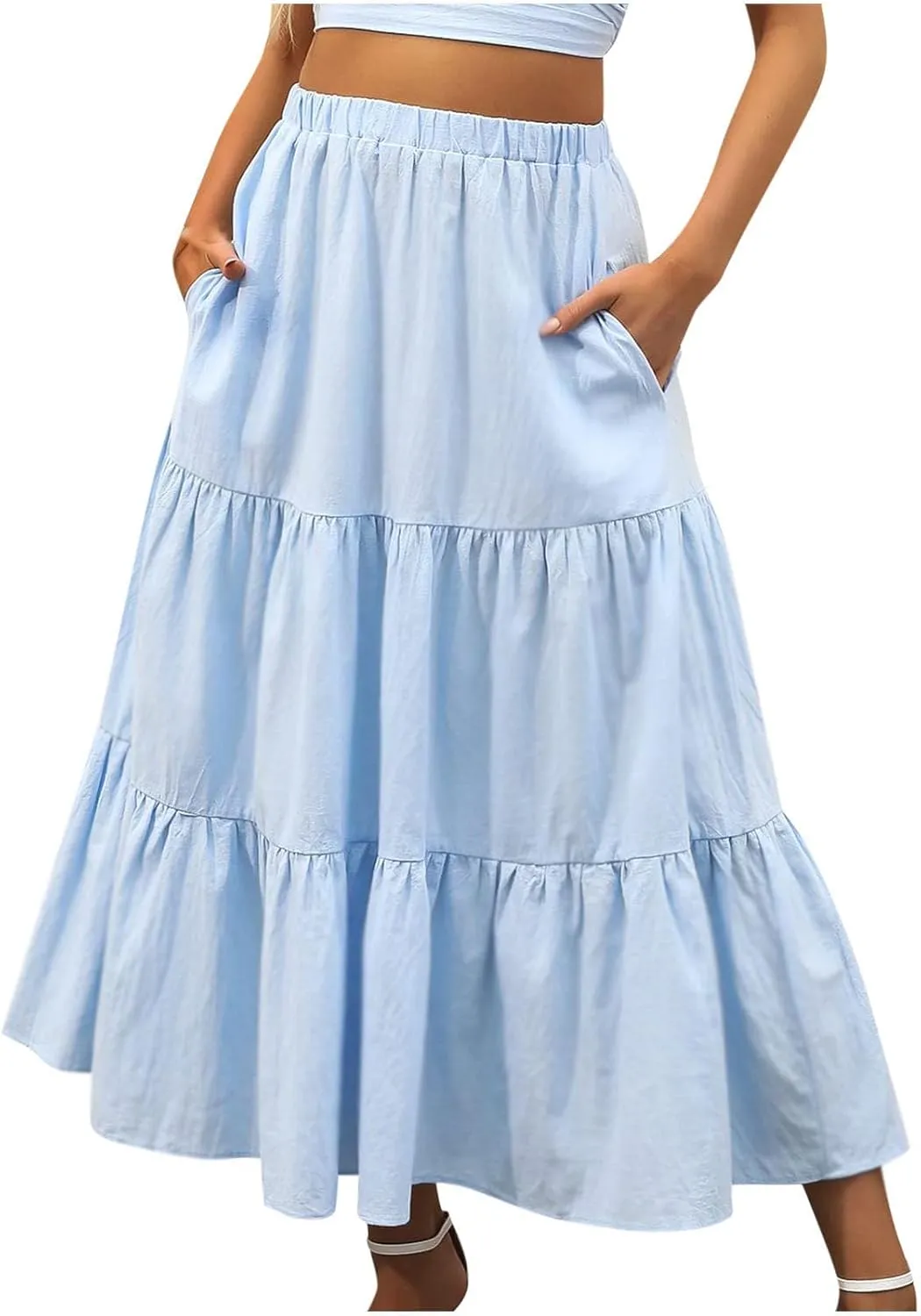 HGps8w Women's Bohemian Maxi Skirt with Pockets Summer Solid Color Tiered Flowy A Line Beach Long Skirts