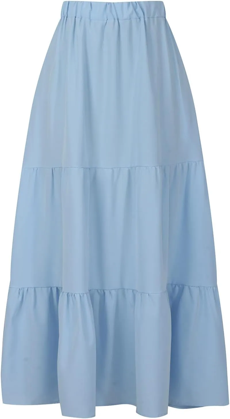 HGps8w Women's Bohemian Maxi Skirt with Pockets Summer Solid Color Tiered Flowy A Line Beach Long Skirts