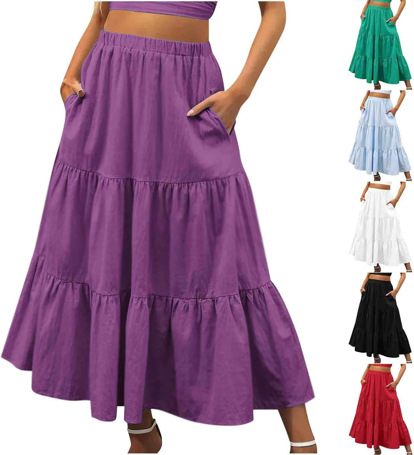 HGps8w Women's Bohemian Maxi Skirt with Pockets Summer Solid Color Tiered Flowy A Line Beach Long Skirts