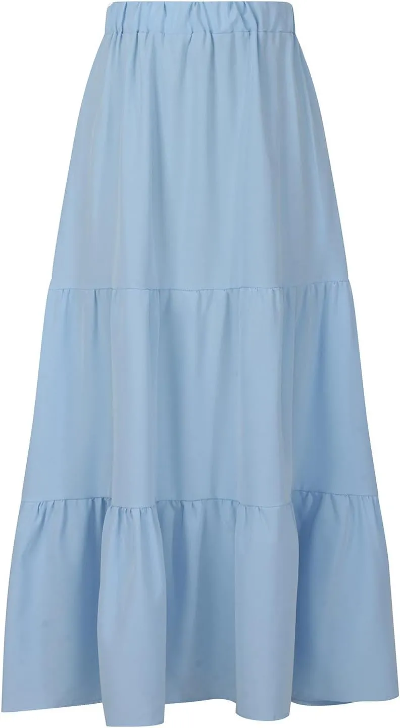 HGps8w Women's Bohemian Maxi Skirt with Pockets Summer Solid Color Tiered Flowy A Line Beach Long Skirts