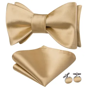 Hi-Tie Light Wheat Yellow Bowtie Solid Men's Tie Hanky Cufflinks Set