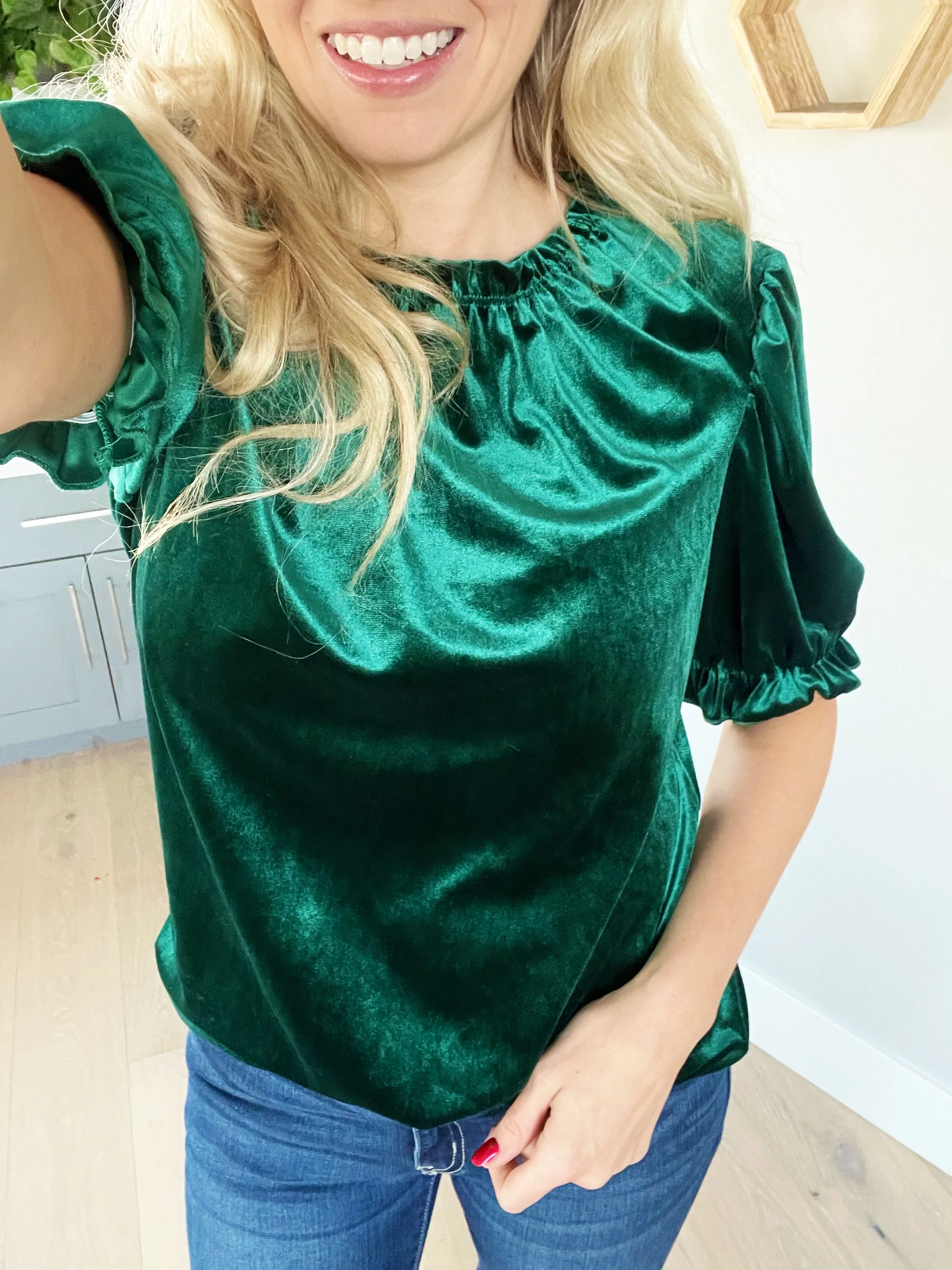 High Class Solid Velvet Short Sleeve Ruffle Top in Hunter Green