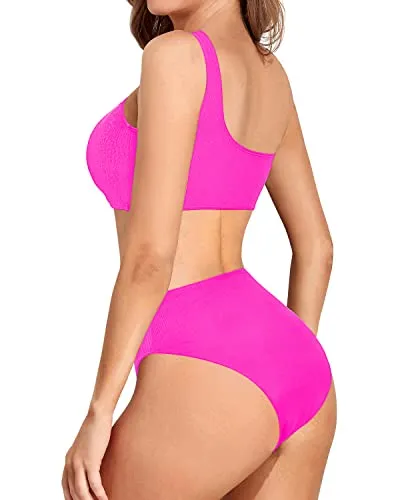 High Cut Two Piece Bikini One Shoulder For Women-Neon Pink
