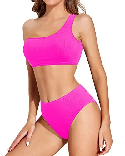 High Cut Two Piece Bikini One Shoulder For Women-Neon Pink