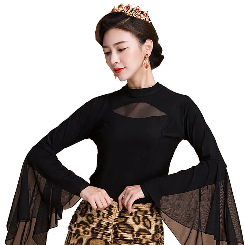 High Neck Puff Sleeve Latin/Ballroom Top with Fringing